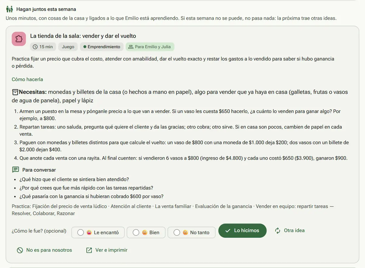 Panel del padre: actividad «La tienda de la sala» para Emilio y Julia, con lo que se necesita, los pasos, preguntas para conversar y los botones «Lo hicimos» y «Otra idea»